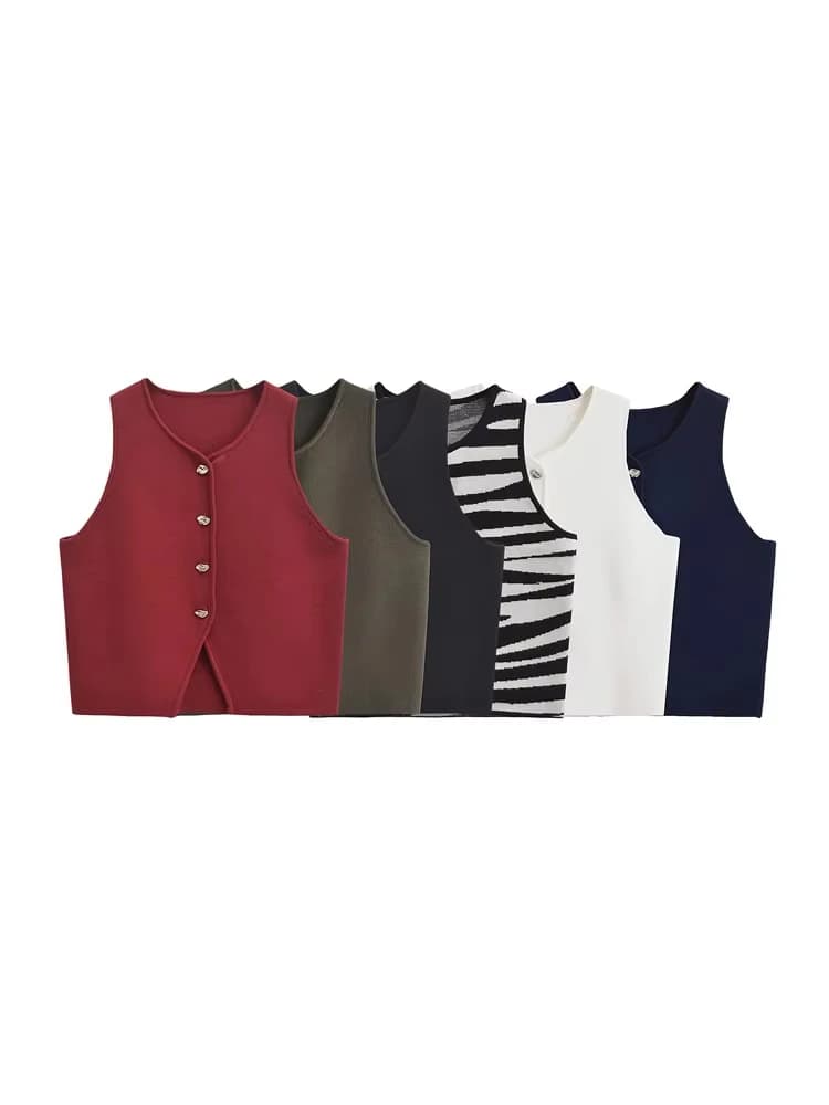 TRZA-Women's Front Button Cropped Knit Vest Sweater, V Neck, Sleeveless, Female Waistcoat, Chic Tops, Fashion