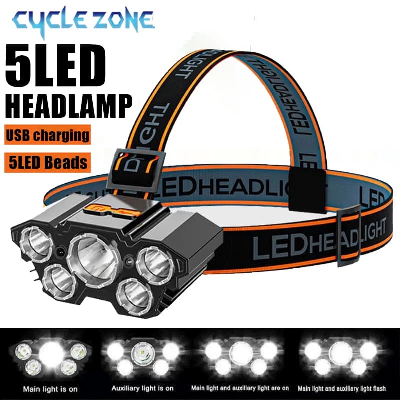 5 LED Headlamp USB Rechargeable Strong Light Outdoor Night Work Lamp Camping Fishing Emergency Searching Lantern Head Flashlight