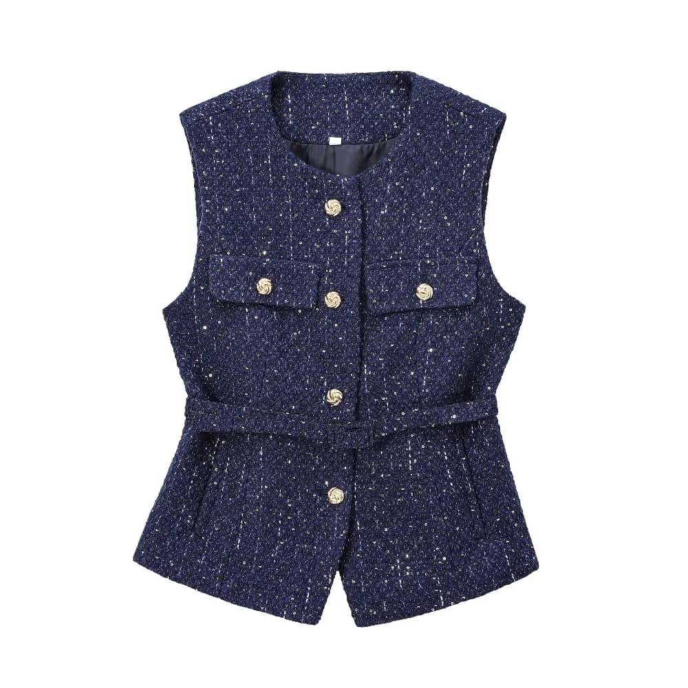 Tangada Women 2024 Blue Tweed Waistcoat With Belt Sleeveless Female Outerwear PS0138