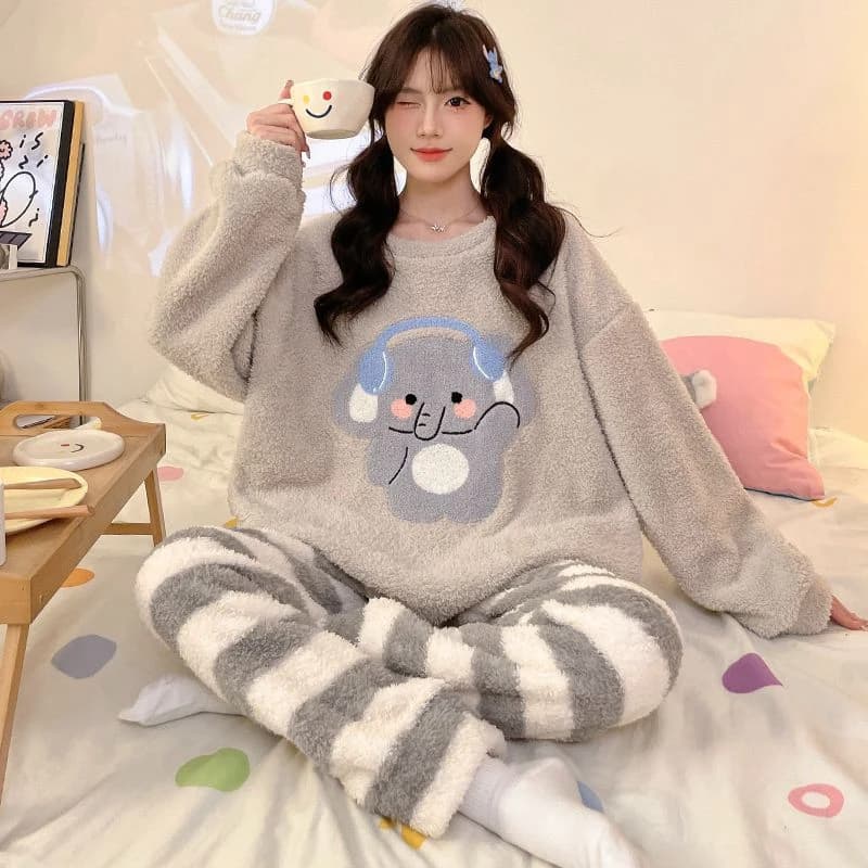 2024 Winter Long Sleeve Thick Warm Flannel Pajama Sets for Women Cute Cartoon Coral Velvet Sleepwear Suit Homewear Home Clothes