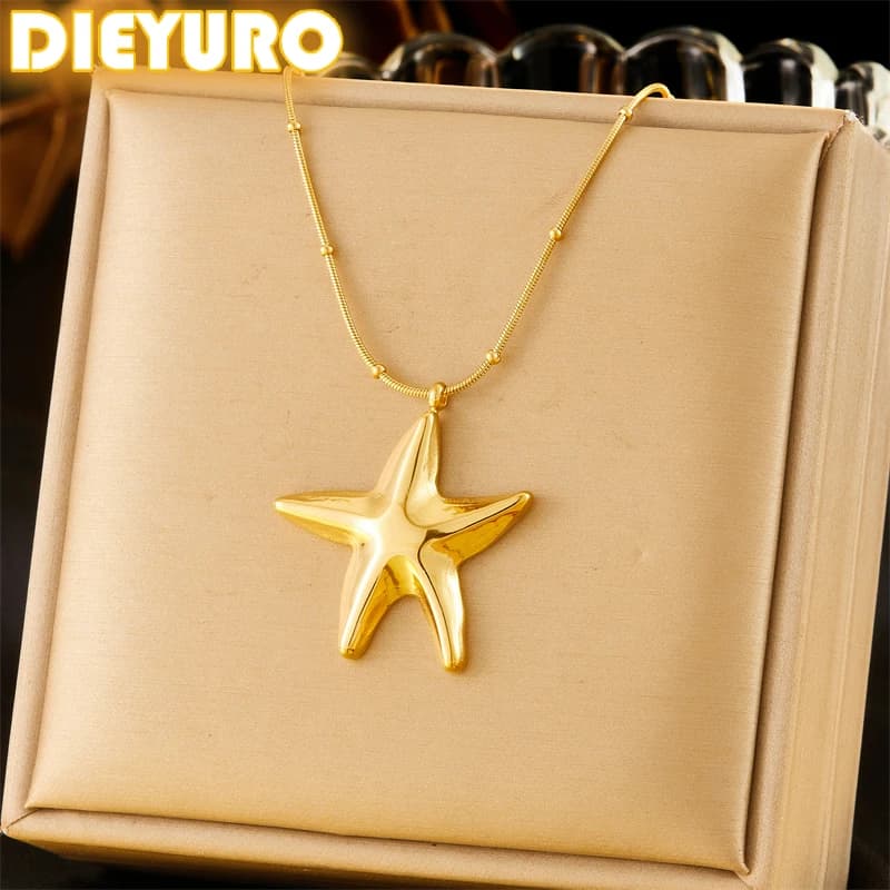 DIEYURO 316L Stainless Steel Gold Color Starfish Necklace For Womens 2024 New Fashion Exquisite Sea Star Neck Chain Jewelry Gift