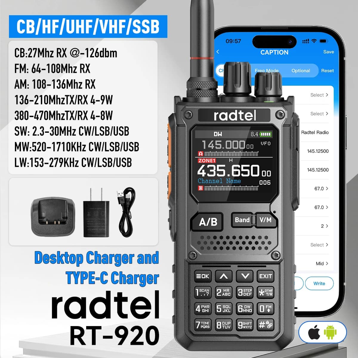 Radtel RT-920 ShortWave UHF VHF LSB USB CW Rx Radio Spectrum Analyzer AM FM Ham Radio Desktop Charger and Type C Walkie Talkies