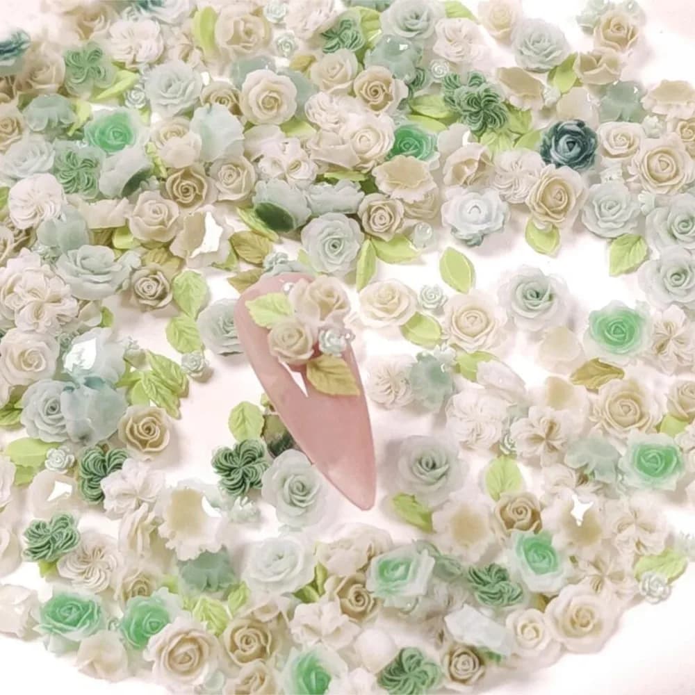 100Pcs Resin Rose Flower Nail Charms 5/6/8mm 3D Camellia Rose Flowers Nail Art Rhinestone Mixed Pearl Colorful Diamond Flowers