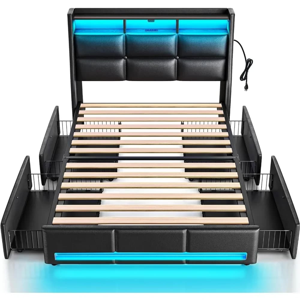 Twin Size Bed Frame with LED Lights and Charging Station, PU Leather Bed Storage Headboard & Drawers, Heavy Duty Wood Slats