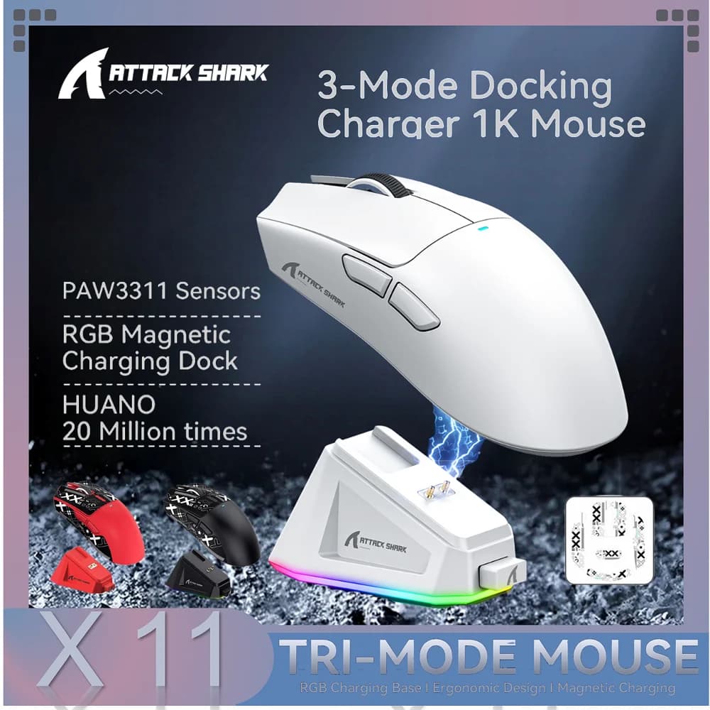Attack Shark X11 3-Mode Connection /2.4GHz/Bluetooth ,PAW3311 ,400IPS,22K000DPI,RGB ,PC  Wireless Gaming Mouse
