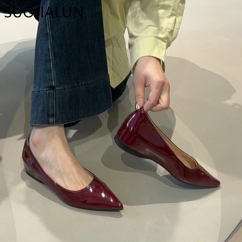 SUOJIALUN Autumn Women Pointed Toe Women Boat Shoes Fashion Low Wedge Heel Ladies Elegant Ballerinas Shoes Dress Pumps