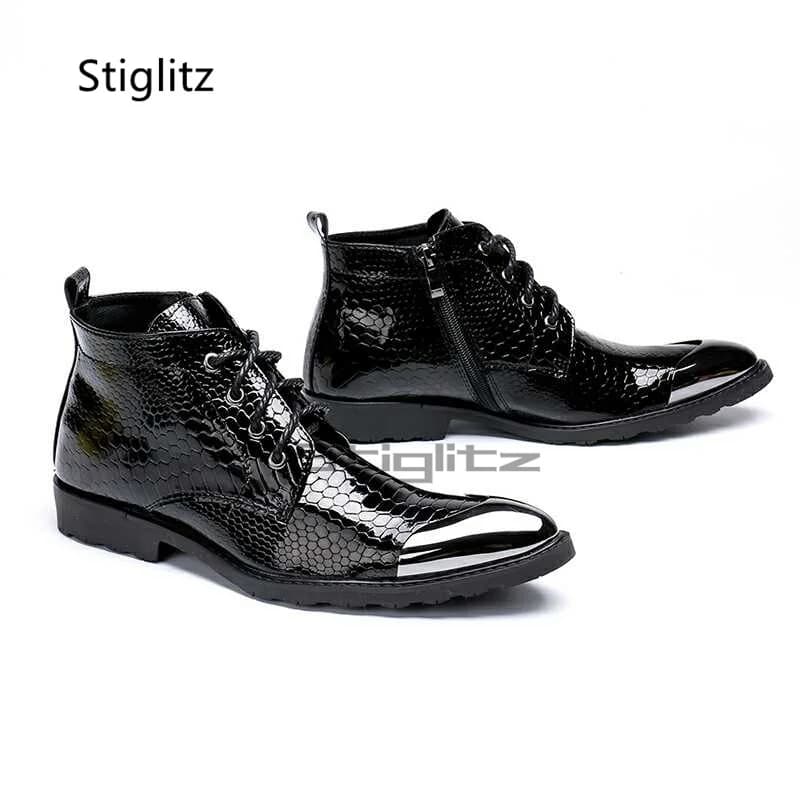 Snake Pattern Men's Boots Iron Toe Lace Up Genuine Leather Ankle Boots Fashion British Style High Top Business Male Shoes