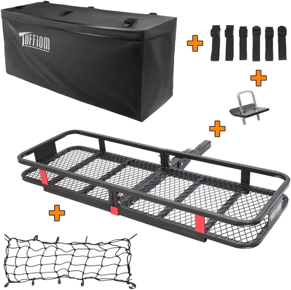 60" L x 20" W x 6" H Hitch Mount Cargo Carrier Folding Rack, Heavy Duty Trailer Steel Luggage Basket with