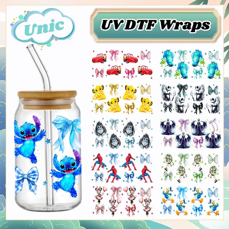 Disney Stitch 16oz UV DTF Cup Wrap Cartoon Transfers Libbey Wrap Tumbler DIY Logo Sticker Glass Can Selfadhesive Waterproof