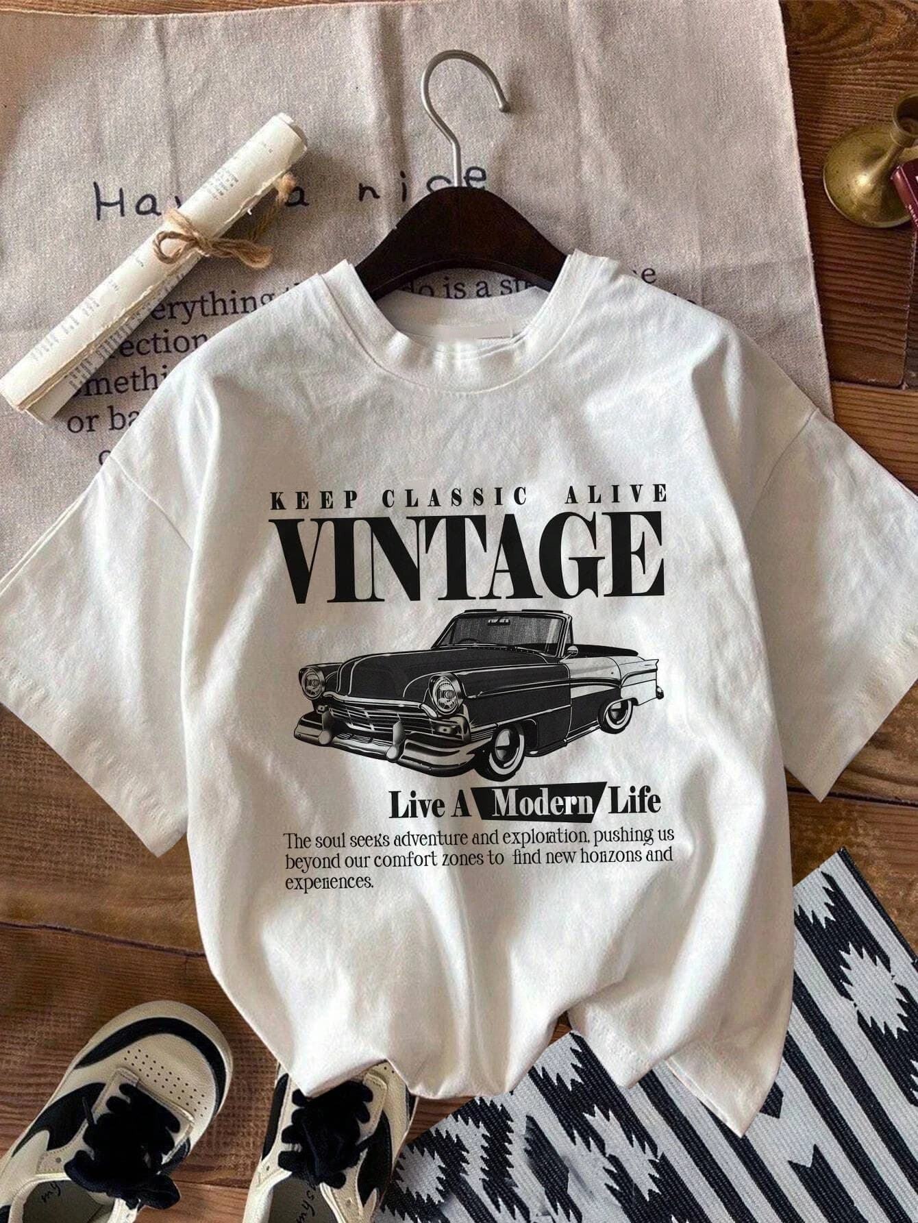 Vintage Car Print Women T-Shirts Street Breathable Comfortable Short Sleeve Fashion Personality Tops Loose Sports T Shirt Female