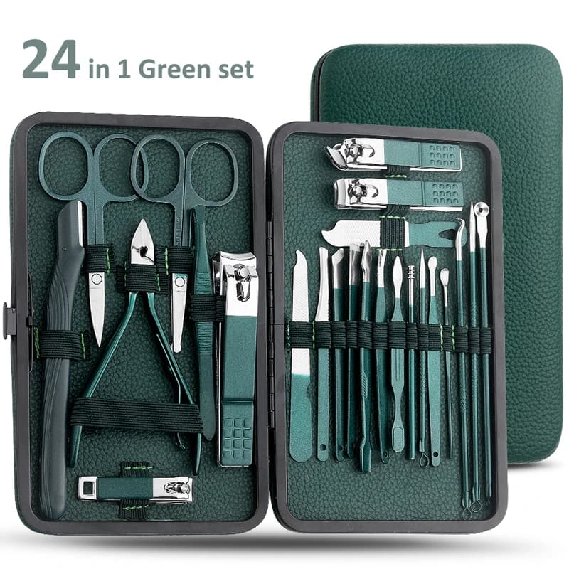 Green 7/13/24 pcs Stainless Steel Nail Cutter and Pedicure Scissors Set - Portable Manicure and Pedicure Tool Nail Clipper Set