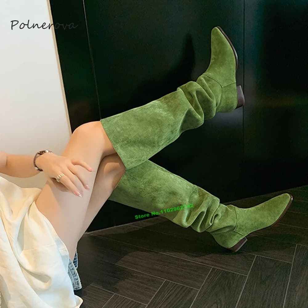 Solid Knee High Suede Boots Square Toe Chunky Heel Boots Fashion Banquet Runway Shoes for Women 2023 Autumn Winter Sweet Retro