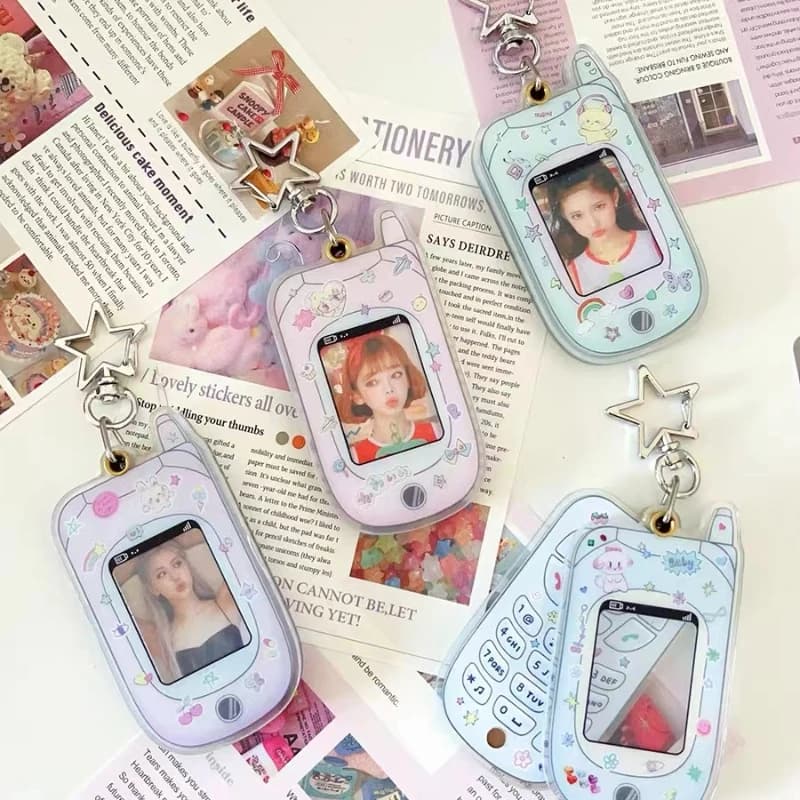 Cute Retro Phone Styling Kpop Idol Photo Card Holder Creative Keychain Fashion Women Bag Pendant for 3 Inch 1 Inch Photo Card