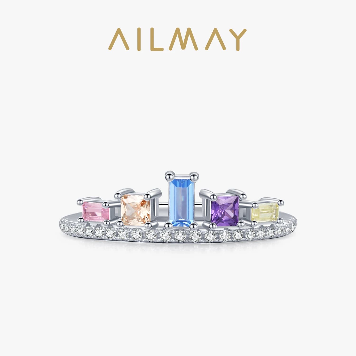 Ailmay Fashion 925 Sterling Silver Colorful Zircon Crown Ring For Women Engagement Wedding Christmas Jewelry Gift