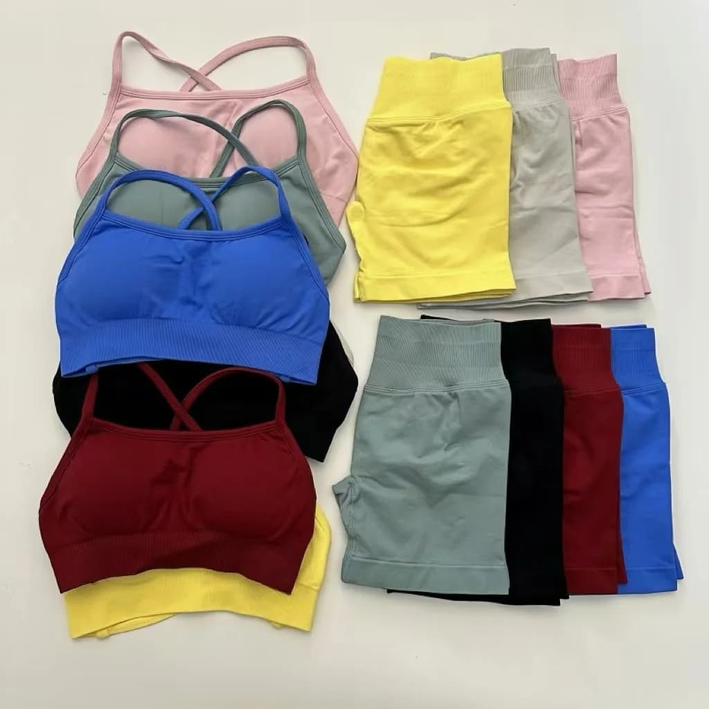 Dynamic Gym Set Women Seamless Yoga Set 2 Pieces Workout Shorts Set Backless Sports Bra Scrunch Bum Shorts Fitness Clothes