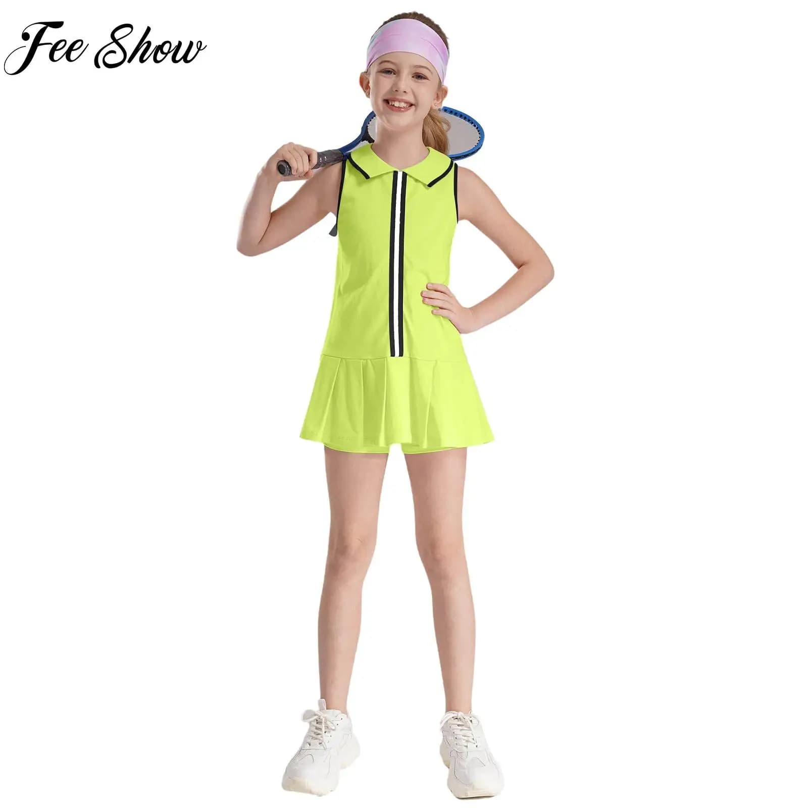 Kids Girls Sport Pleated Dress Sleeveless Tennis Golf Gym Dresses with Shorts Set for Yoga Badminton Running Hiking Workout