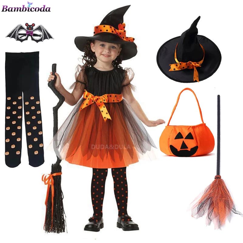 2024 Kid Girls Halloween Witch Costume Carnival Cosplay Dress with Pointed Hat Wand Dress Up Clothes Infant Halloween Costume
