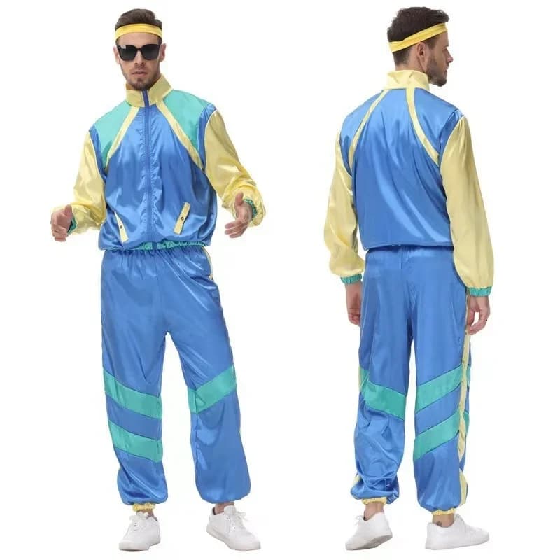 80s 90s Retro Disco Suit Adult Mens Cosplay Party Stage Costume Fashion Color Matching Retro Sportswear Suit