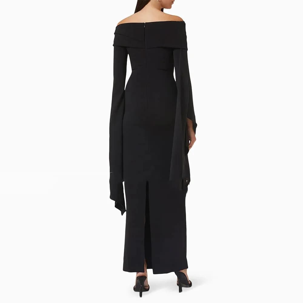 Black Wedding Guest Gowns for Women Off the Shoulder Column Formal Party Dresses Maxi Long Sleeves Elegant Evening Dress 2024