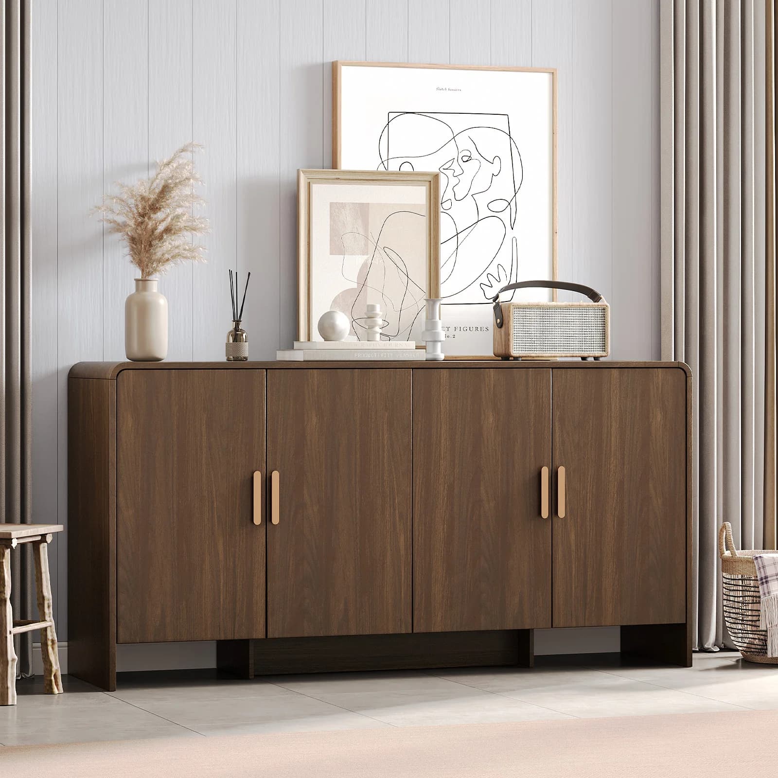 60" Sideboard Buffet Cabinet with Storage, Curved Design Farmhouse Coffee Bar Cabinet with 4 Doors & Adjustable Shelves