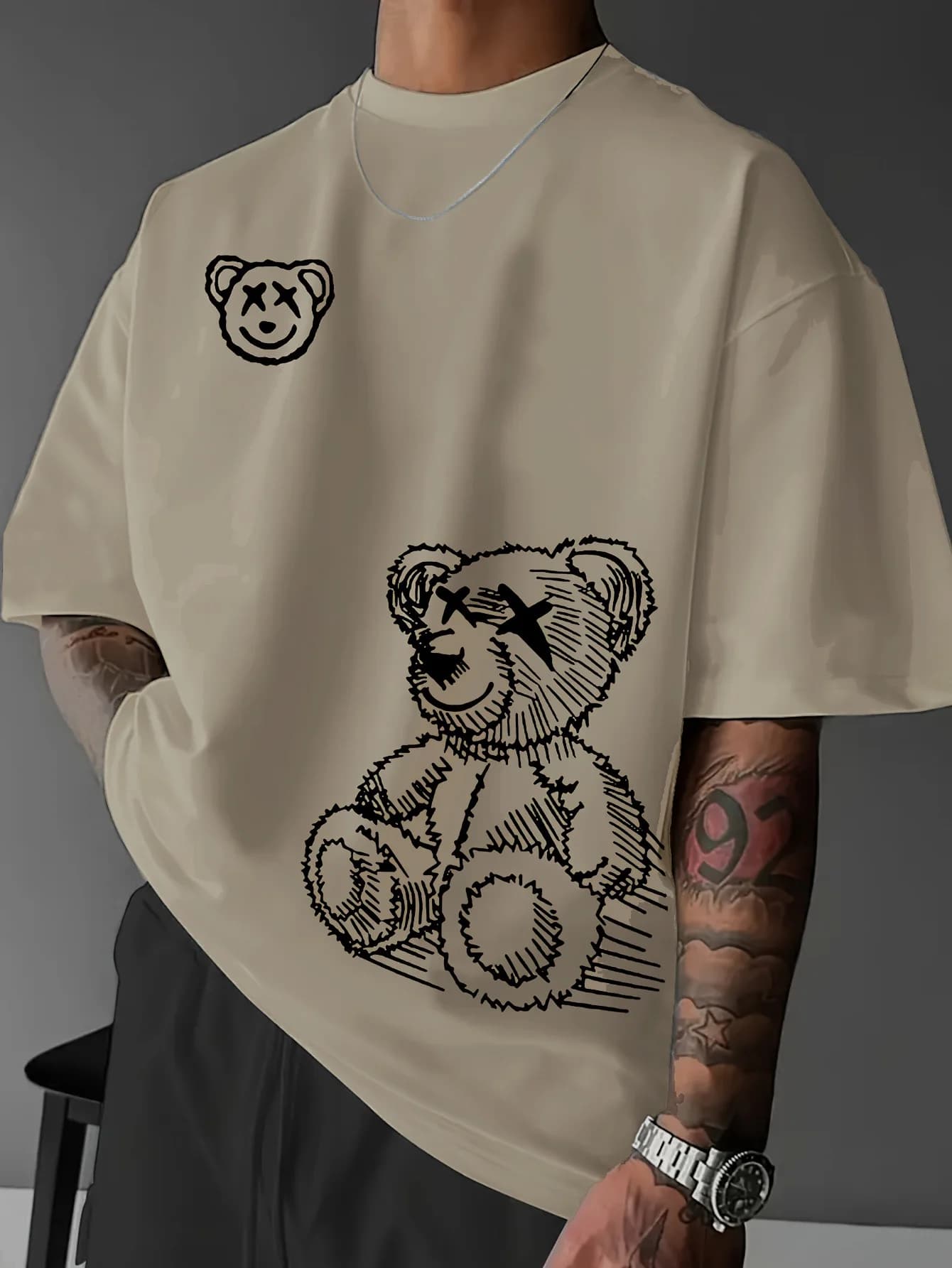 Summer men's 100% pure cotton casual sports loose and fashionable cartoon bear pattern printed round neck short sleeved T-shirt