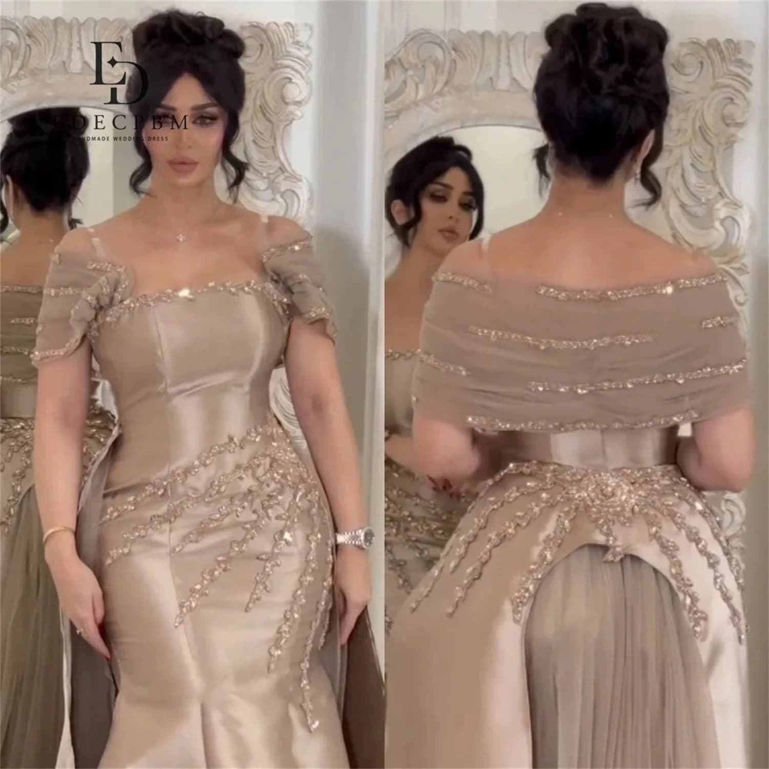 EDECPBM Customized Saudi Women's Evening Dresses for Special Occasions Champagne Satin Prom Dresses 2025 Beads Party Luxurious