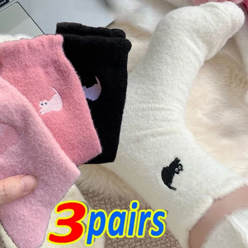 1/3Pairs Cute Cat Cozy Thickened Hairy Mink Socks Premium Feel Autumn Winter Hosiery Velvet Plush Warm Sleep Home Fluffy Socks