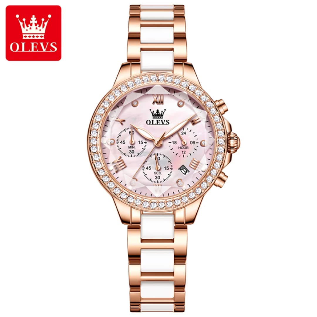 OLEVS 9999 Quartz Fashion Watch Gift Square-dial Ceramic Watchband Chronograph Calendar Luminous Stopwatch Small second