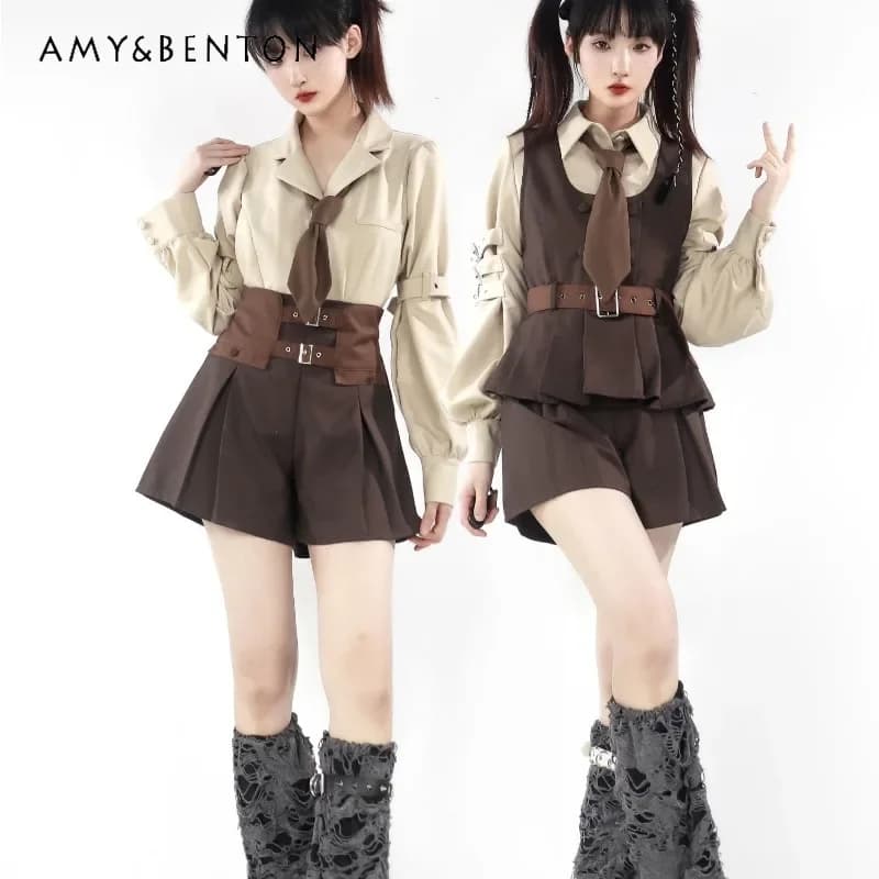 2024 New Japanese Autumn and Winter Brown College Style Original Design Shirt Vest Shorts Suit For Women