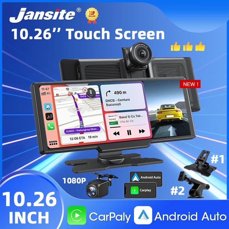 Jansite 10.26 Inch 4K DVR Wireless CarPlay & Android Auto Dash Cam GPS Navigation 24h Park Monitor Night Vision Rear View Mirror
