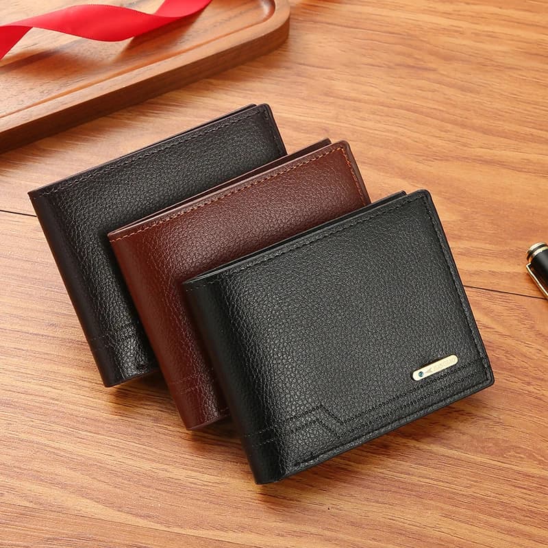 Men'S Short Pu Leather Wallet Business Casual Lychee Pattern Soft Leather Wallet Multi Card Large Capacity Wallet Card Holders