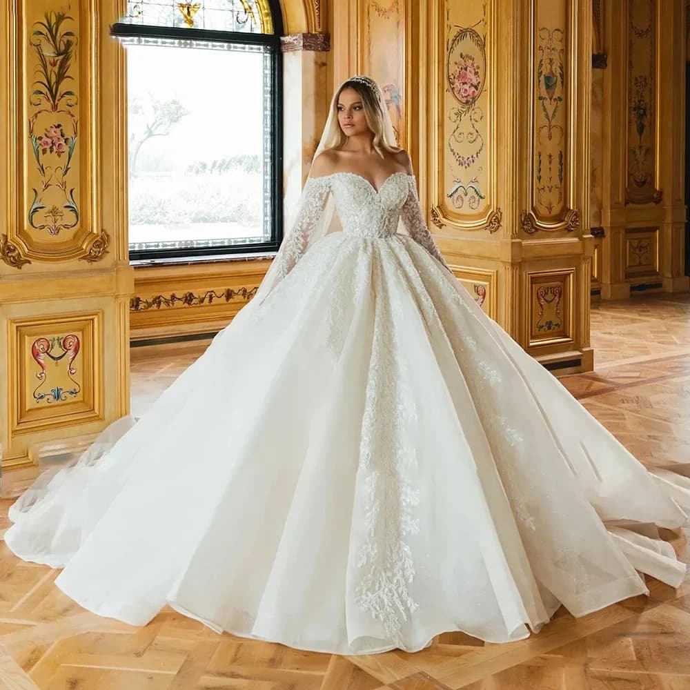 New Customized Beauty Beading Pearls Wedding dress Off Shoulder Long Sleeves Sparking Lace Bride Dress luxurious Women