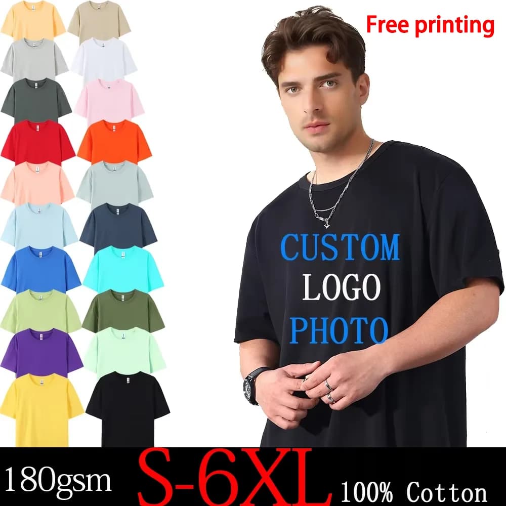 Free printing 180Gsm 100% Cotton Short Sleeve Tops Tee  Custom Order Choice Yourself Unisex O-Neck Men T-Shirt Plus Size S-6XL