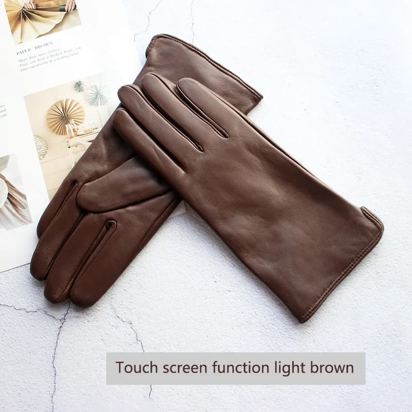 Color Sheepskin Leather  Gloves Women's Straight Style Fleece Lining Spring and Autumn Outdoor Traveling Cycling Car Driving