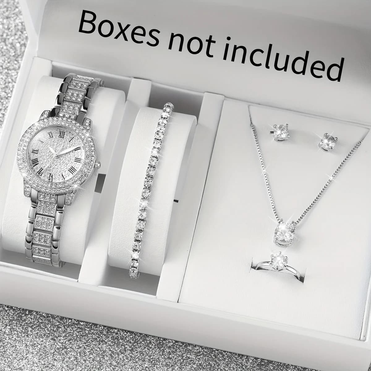 6pcs/set Women Stainless Steel Band Diamond Quartz Watch and Crystal Bracelet Set