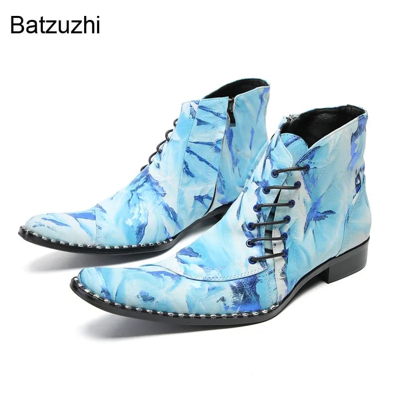 Batzuzhi Fashion Blue Men's Boots Lace-up Blue Short Ankle Leather Boots Men Formal Business, Party and Wedding Boots Shoes Man!