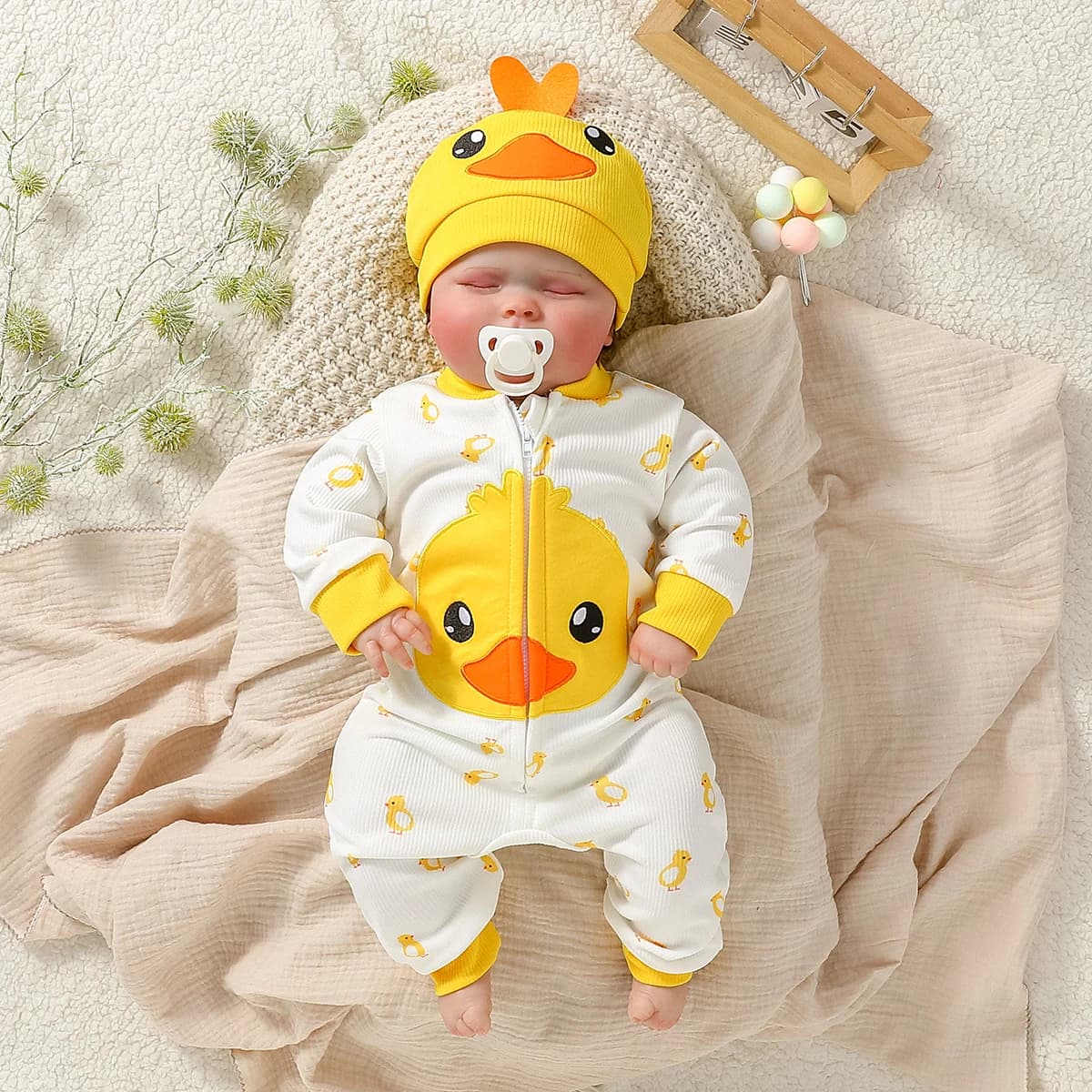 Baby Boys/girls Cute Long Sleeve Zipper Jumpsuit Duck Hat 2 Pieces For Fall/Winter 1-2Y Casual Daily Wear Clothes