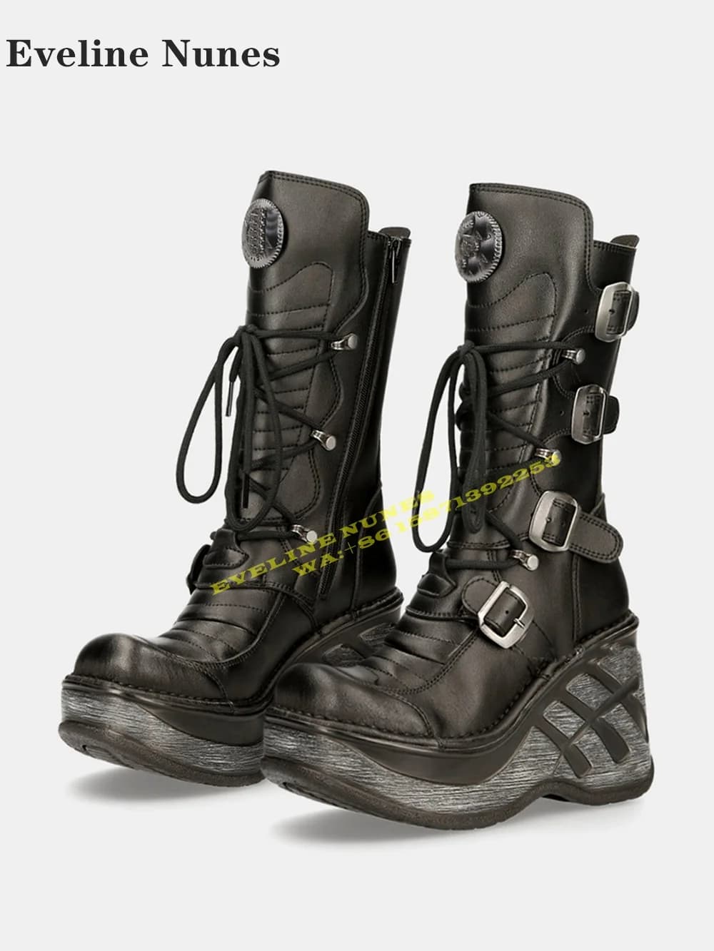 Cyberpunk Wedges Heavy Metal Motorcycle Boots 2024 Round Toe Height Increasing Lace Up Side Zip Couple Plus Size Mid Calf Boots