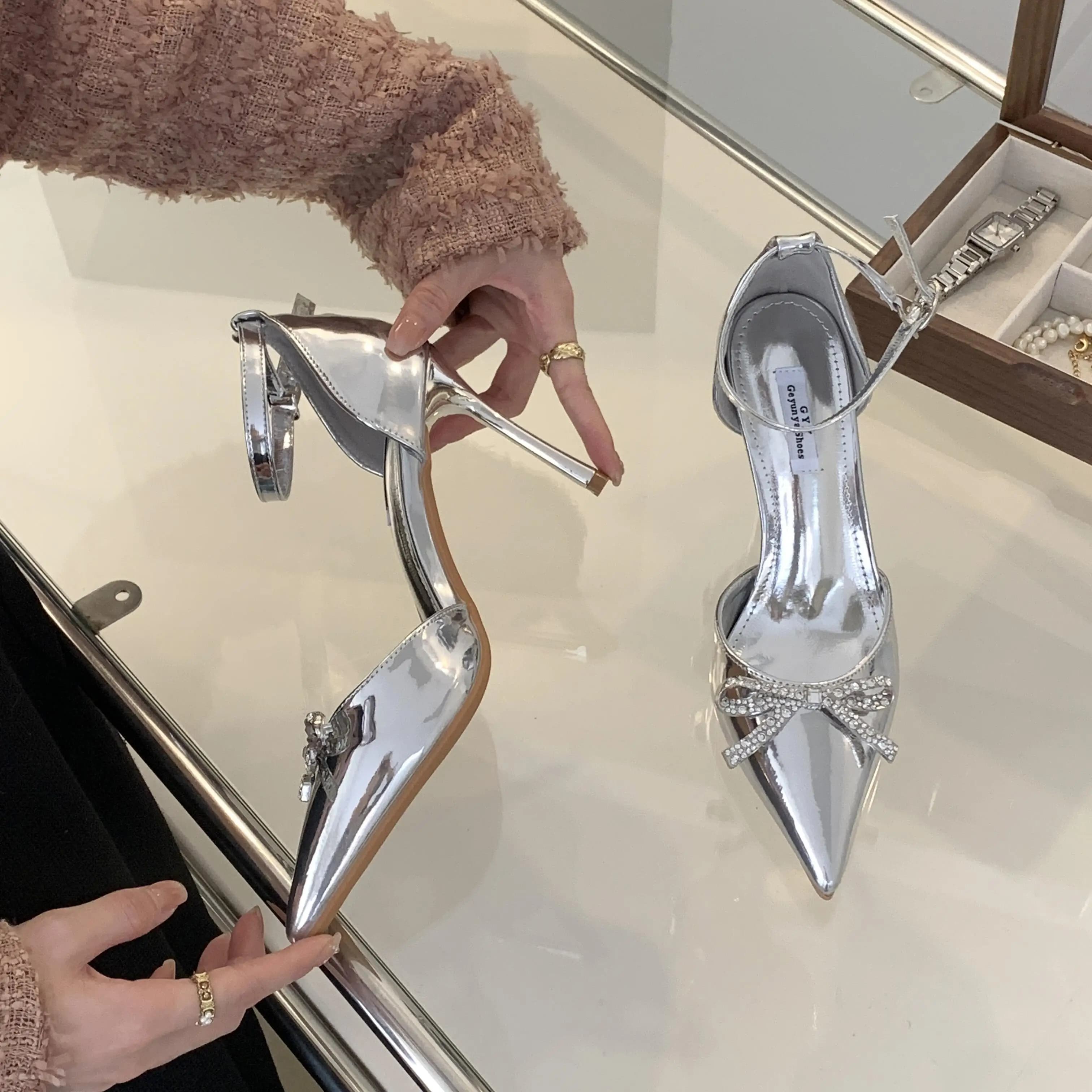 Xibeilove 2024 Women's Silver Pointed High Heel Sandals Crystal Butterfly Shoes Summer Party Ball Designer Size 35-40