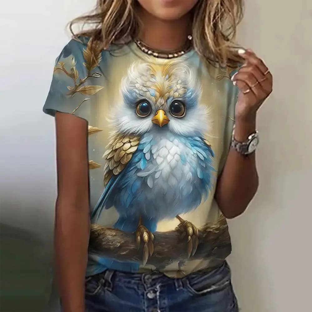 Summer Clothing for Girls Animal Print O-Neck T Shirt Owl Pattern Short Sleeve Baby Boy Clothes Child from 2 to 14 Years Costume