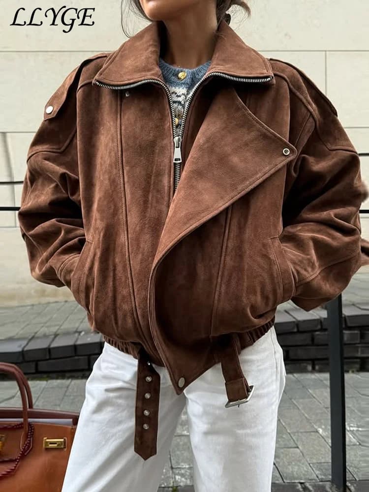 Street Women's Belt Short Suede Jackets Loose Lapel Full Sleeve Zipper Female Coats 2025 Spring Lady Vintage Patchwork Outwear