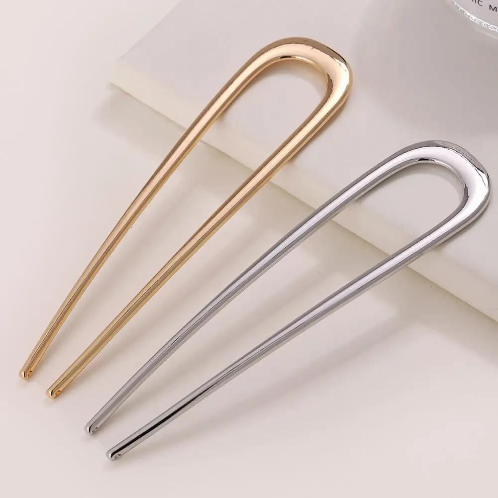 U-Shaped Hair Fork Elegant Golden Silver-color Alloy Long Thick Hair Updo Bun French Hairpin Stick Women Girls Hair Accessories