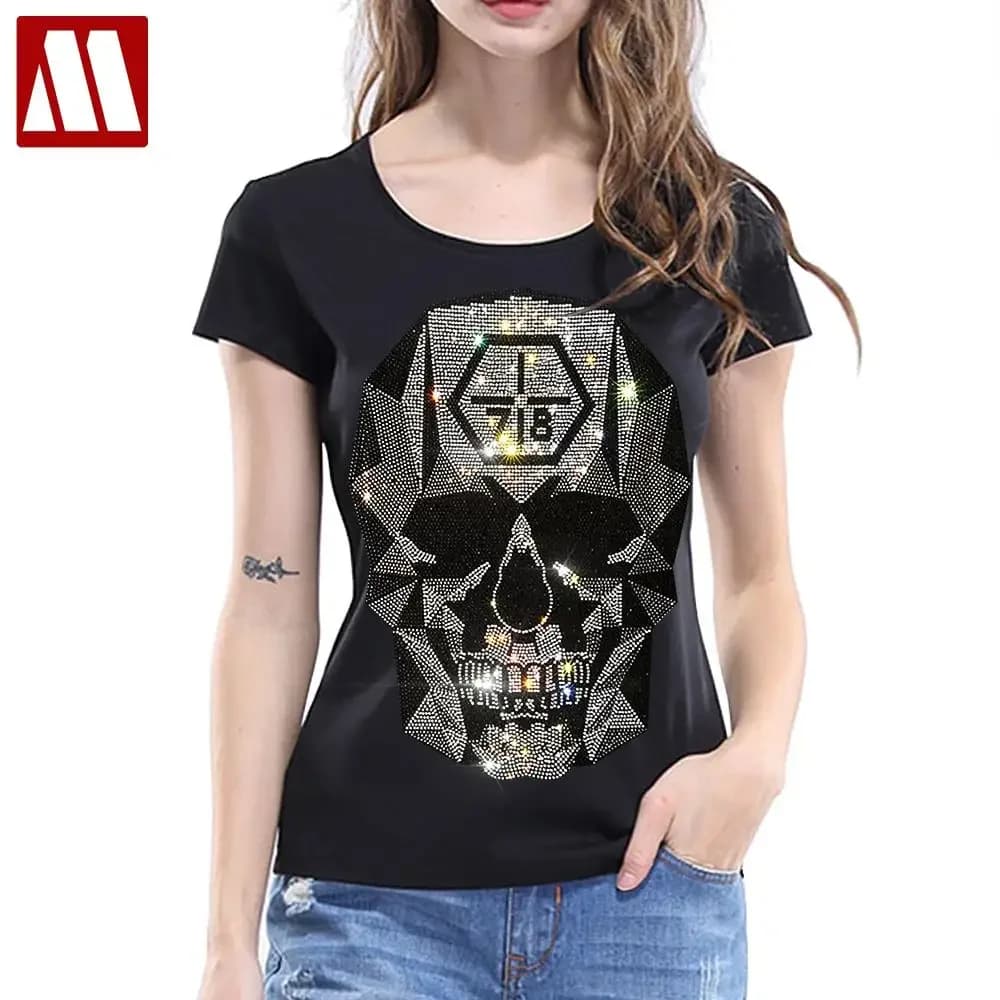 2024 Summer Lady Cool Skull Diamond Printed Short Sleeve Tees For Women Cool Cotton Casual T-shirt Black Color Round Neck Tops