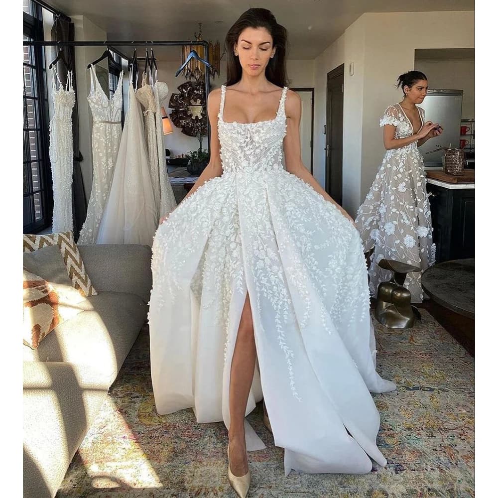 Luxury Wedding Dress for Bride A Line Criss-Cross Slit Illusion  Gown Long Pearls 3D Flowers Backless Lace Bridal Dresses