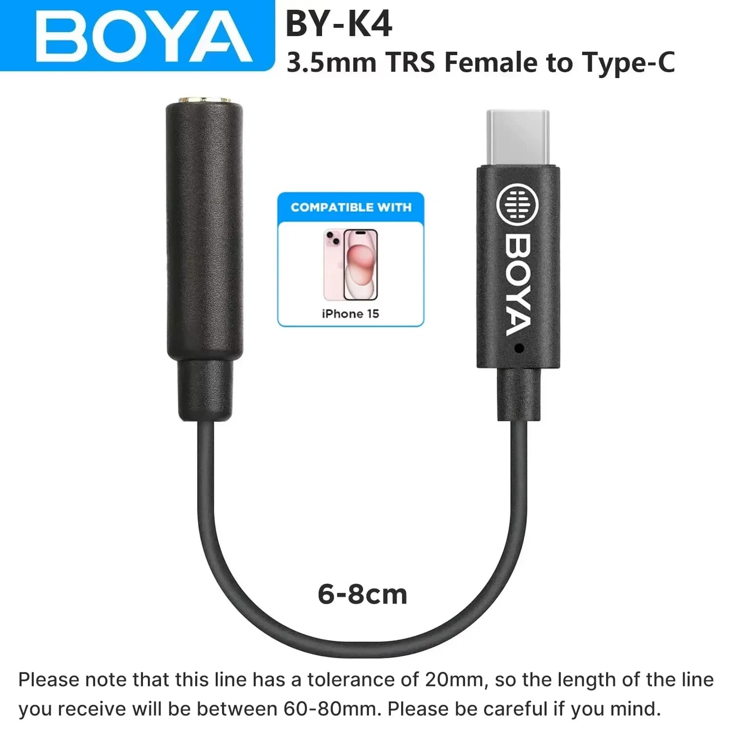 BOYA BY-K4 6cm 3.5mm TRS Female to Type-C Male Microphone Audio Adapter Cable for Android Cell Phone PC Computer USB-C Devices