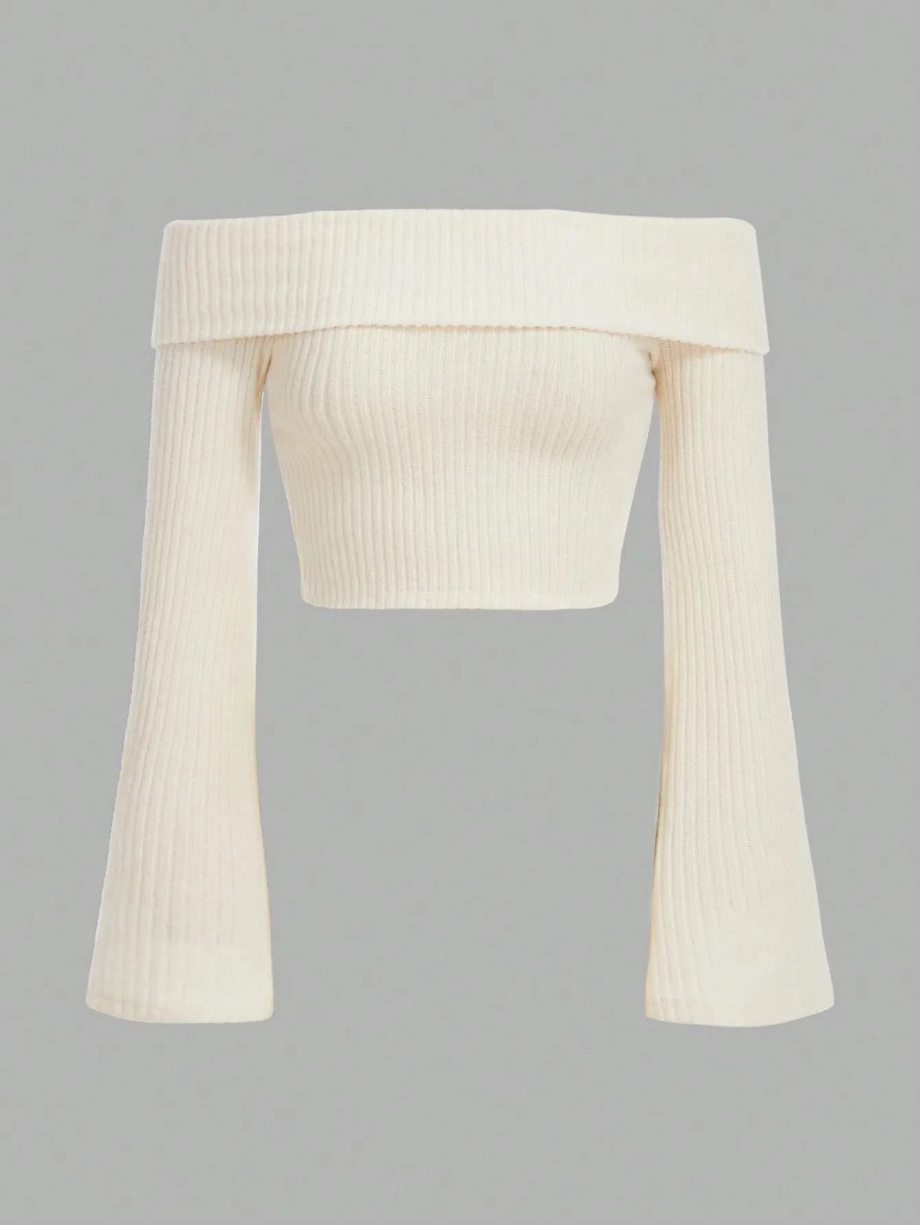 Women Off The Shoulder Flare Long Sleeve Crop Top Fall Spring 2024 Sexy Rib-knit Fleece Cropped Blouse Tee Shirts Streetwear Y2K