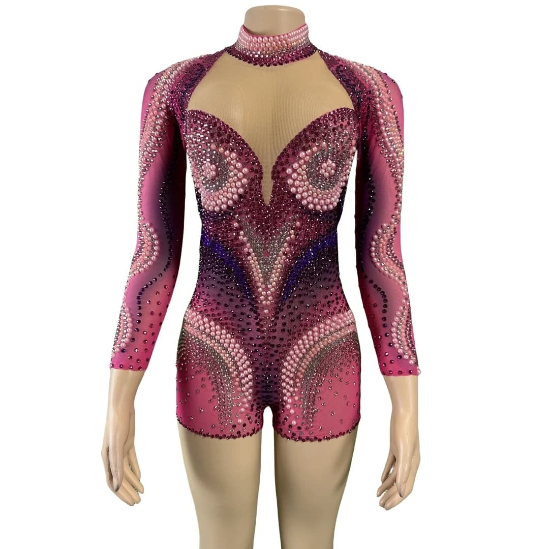 See Through Women Rhinestone Pearl Romper See Thru Singer Luxury Bodysuits Drag Queen Costume Mesh Long Sleeve Stage Wear 2024