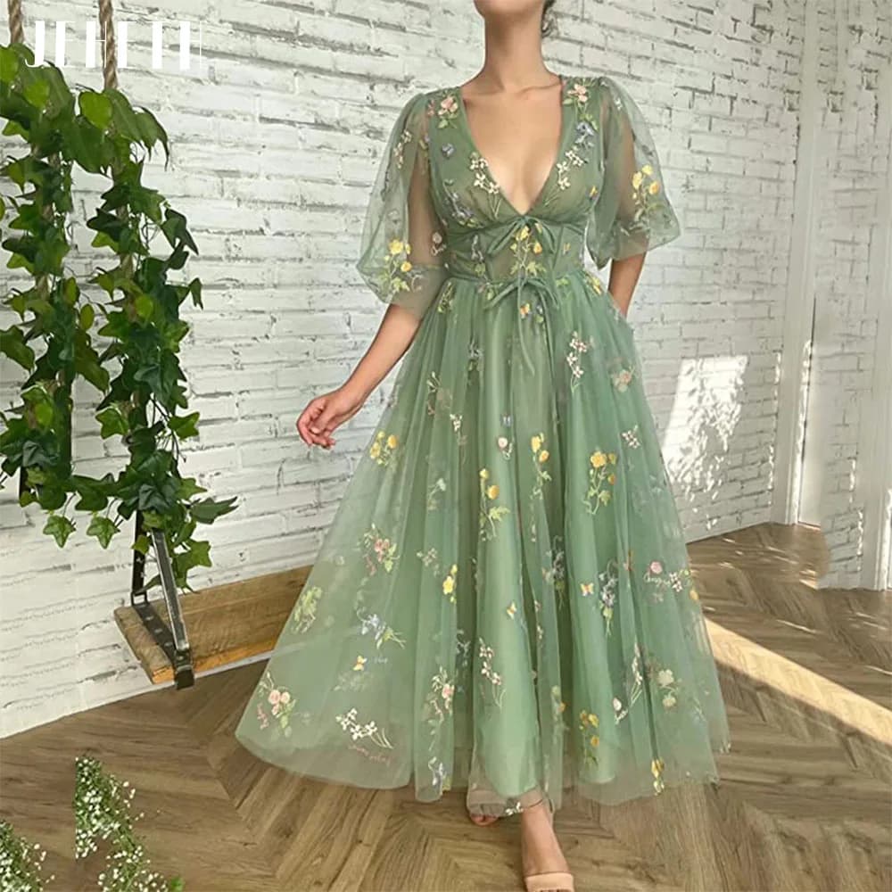 JEHETH Midi Green Prom Dresses Lace Up Sexy Deep V-Neck Puff Sleeves A Line Flower Embroidery Tulle vestidos de graduación
