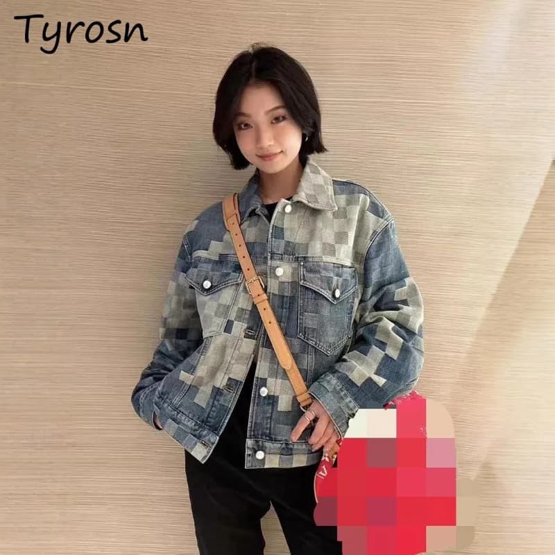 Jackets for Women New Mosaic Design Unique Autumn Denim Checkerboard Trendy Retro Casual Loose Tops Couples All-match Streetwear