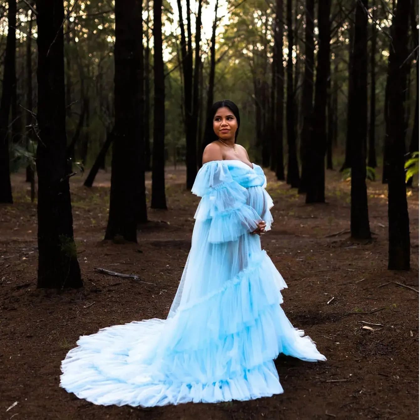 Elegant Star Dresses Off Shoulder Long Sleeves Gowns for Photo Shoot Baby Shower Ruffle Tulle Sweep Train Bathrobes Custom Made